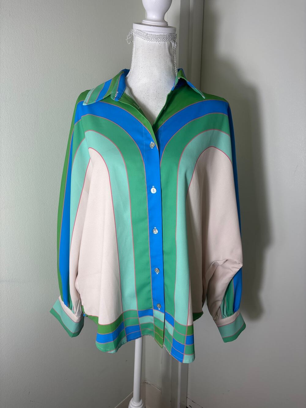 Ceibon Green White Long Sleeve Button Up Shirt Sz S